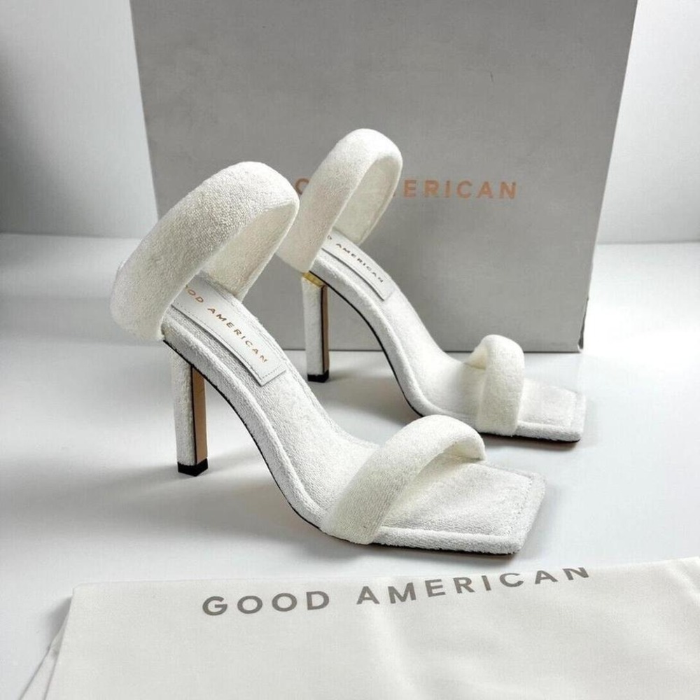 Good American Terry Towel Heeled Sandals White Square Toe Stiletto Size 9